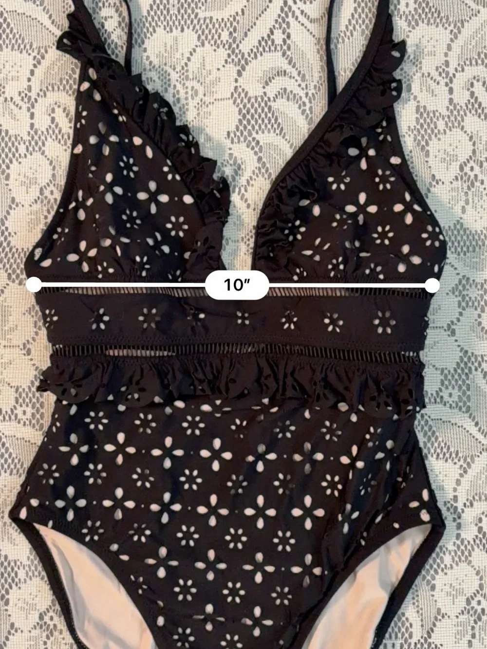 J. Crew Scalloped Ruffle Plunging One-piece Swimsuit in Laser-cut Eyelet Sz 12